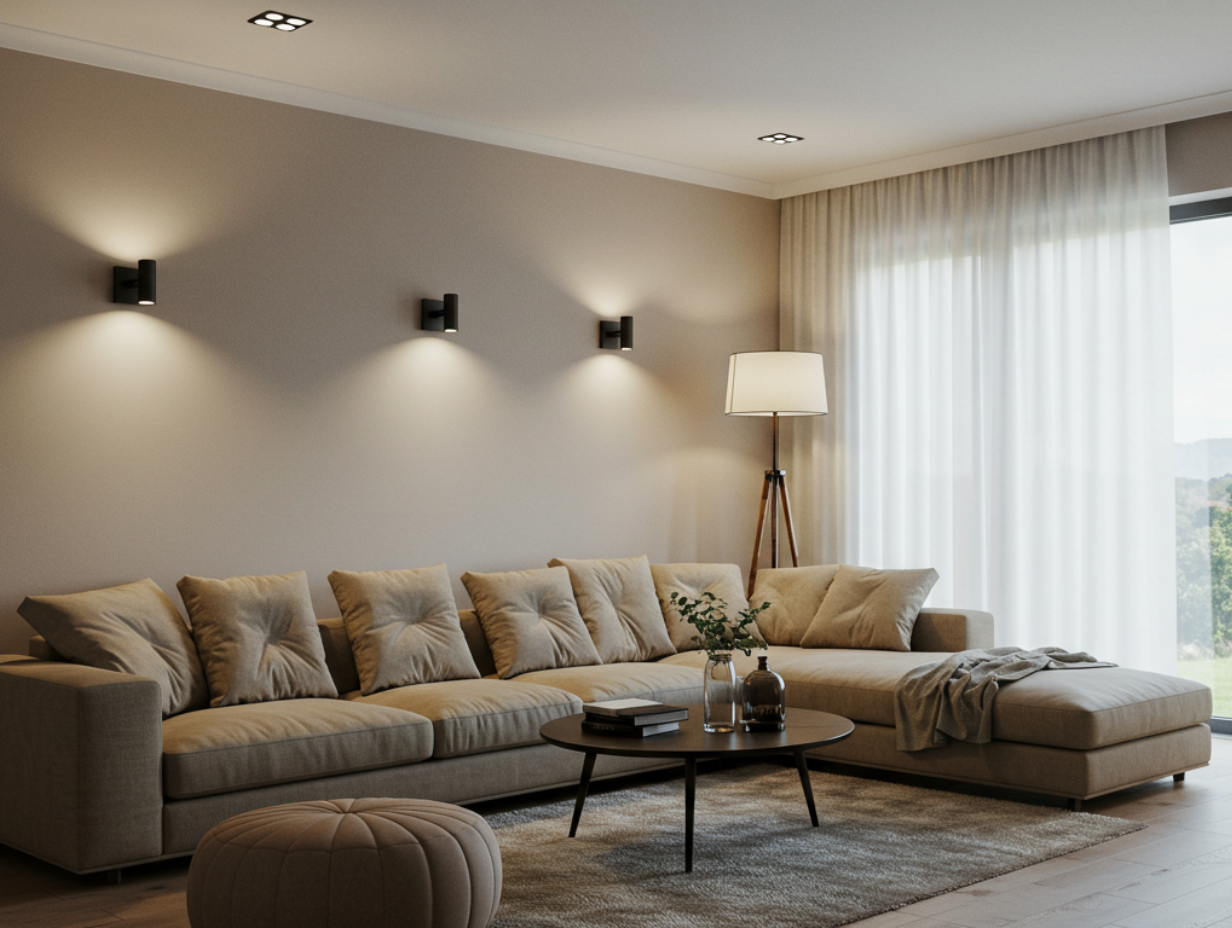 Cozy living room with wall-mounted lights.