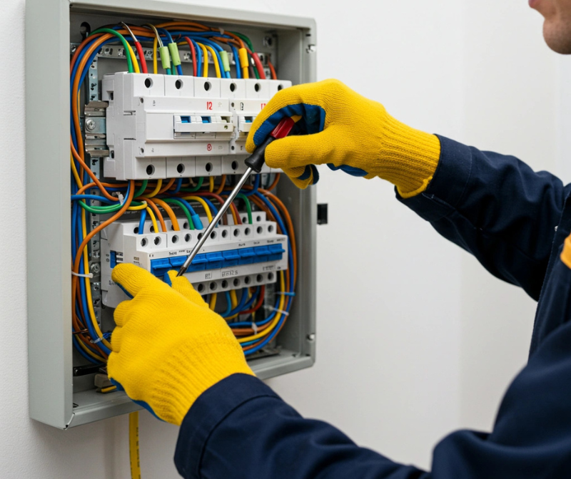 Image of a person wearing yellow gloves while working on an electrical circuit box.