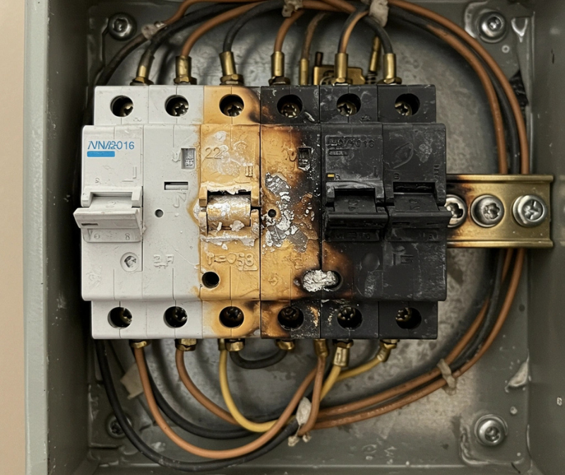 Image of an electrical circuit box showing an electrical fault with exposed wiring.