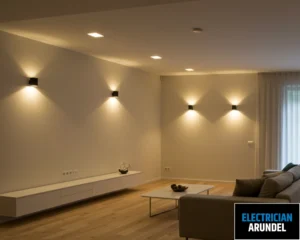 Image of a living room with elegant lighting around the walls.