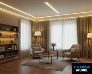 Image of a contemporary room with focused lighting on the ceiling